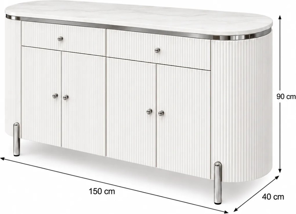 KOMODA GASTON II STRIEBORNÉ NOHY + BIELA + MRAMOR 150 cm
