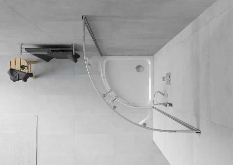 Mexen Rio, štvrťkruhový sprchový kút 90 x 90 cm, 6mm číre sklo, chrómový profil + biela sprchová vanička, 863-090-090-01-00-4110