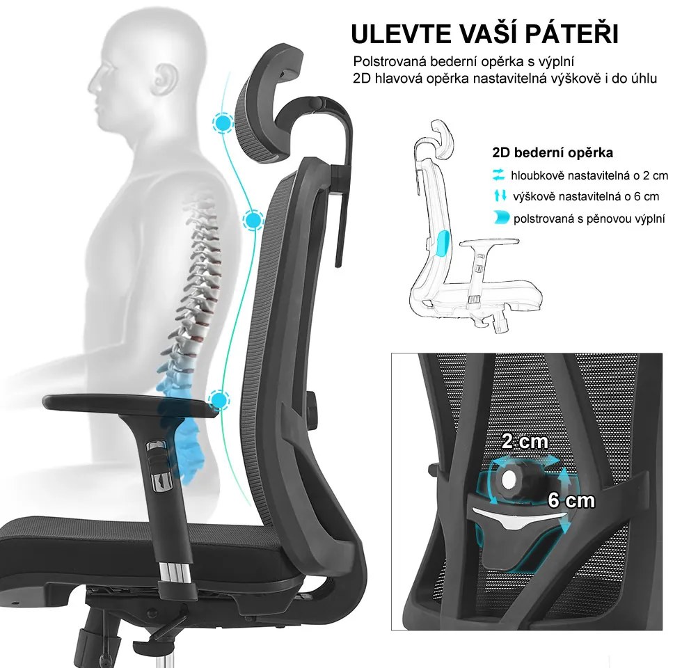 Kancelárska ergonomická stolička Neoseat BOROSI — sieť / látka, čierna, nosnosť 150 kg