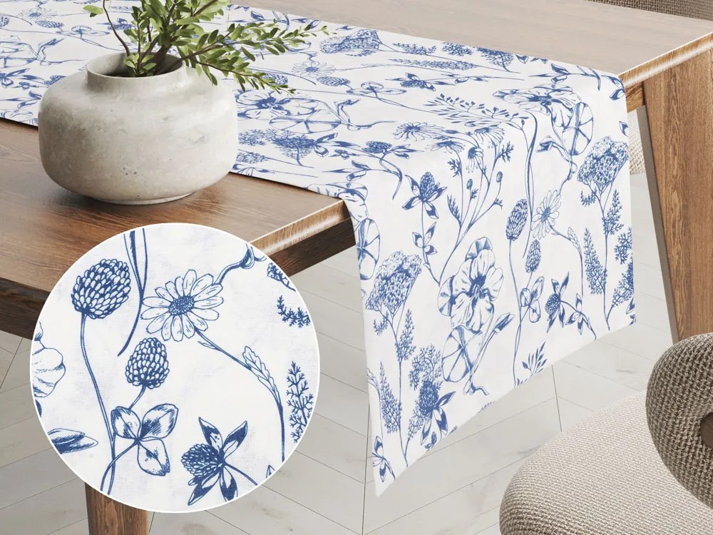 Biante Dekoračný behúň na stôl PML-060 Modré lúčne kvety na bielom 20x160 cm