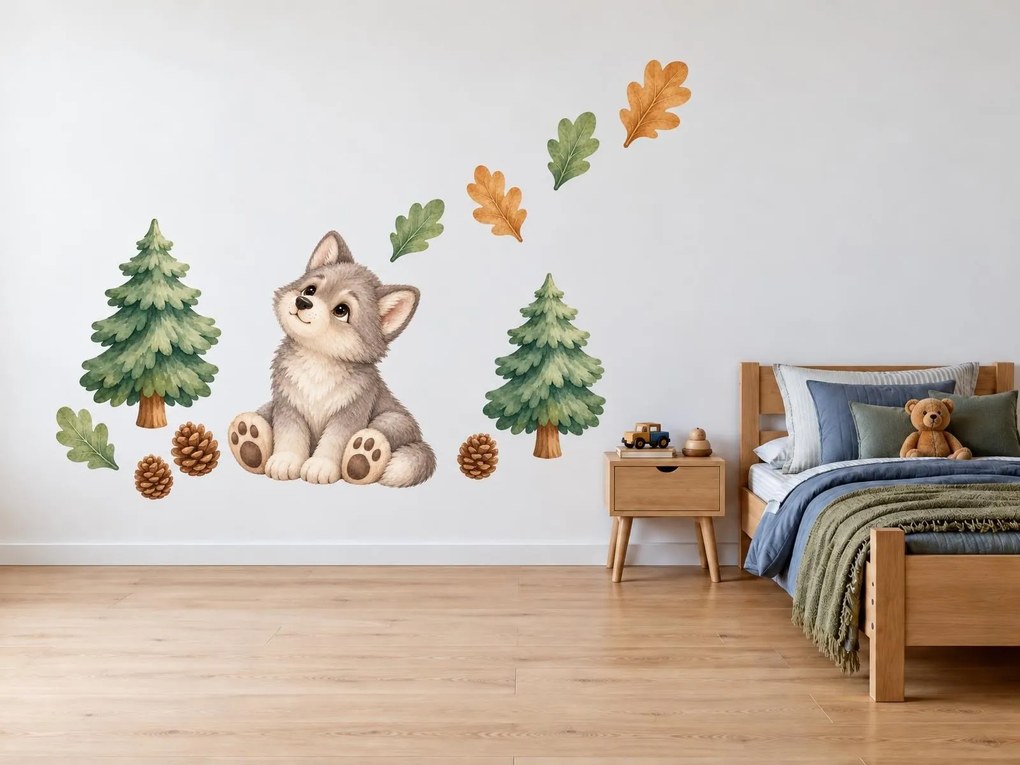 Vlček medzi jedličkami jemné akvarelové nálepky na stenu pre malé deti hárok 31 x 46 cm