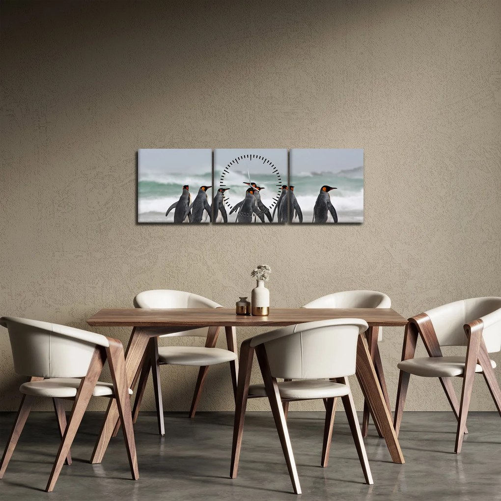 Obraz tučniakov pri oceáne (s hodinami) (90x30 cm)