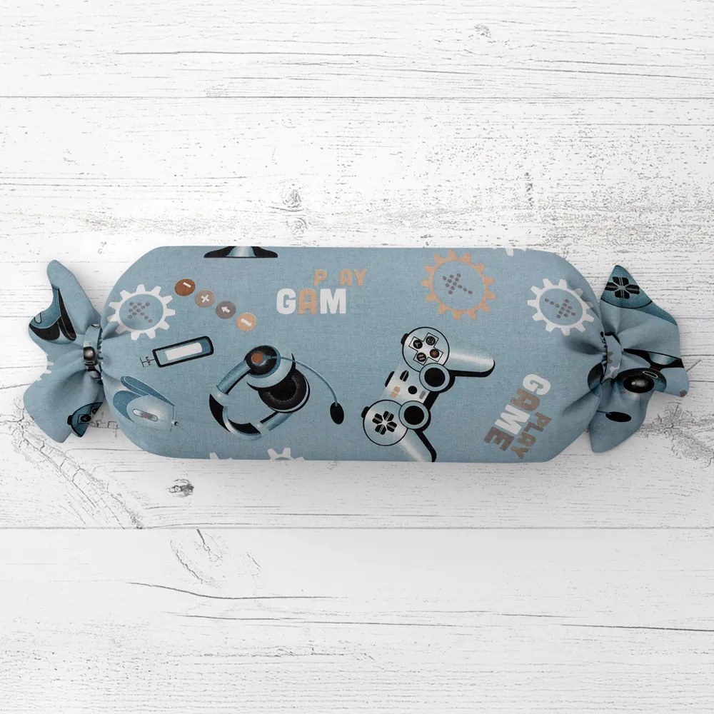 Biante Detský vankúš valec bonbon Sandra SA-588 Play Game na modrom 15x80 cm