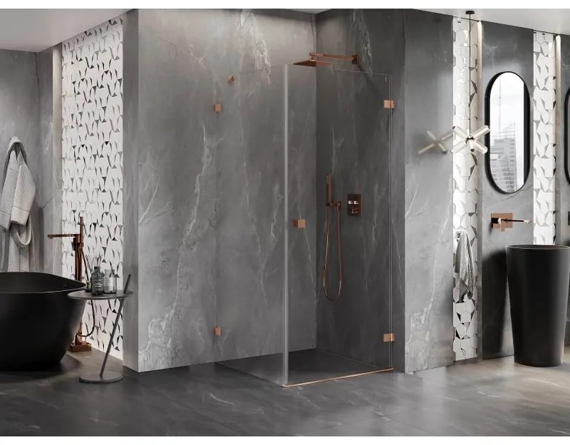 Mexen Lunar-B, pravostranný výklopný sprchový kút 100 x 100 cm, 8mm číre sklo, profil medená matná, 832-100-100-65-00-P