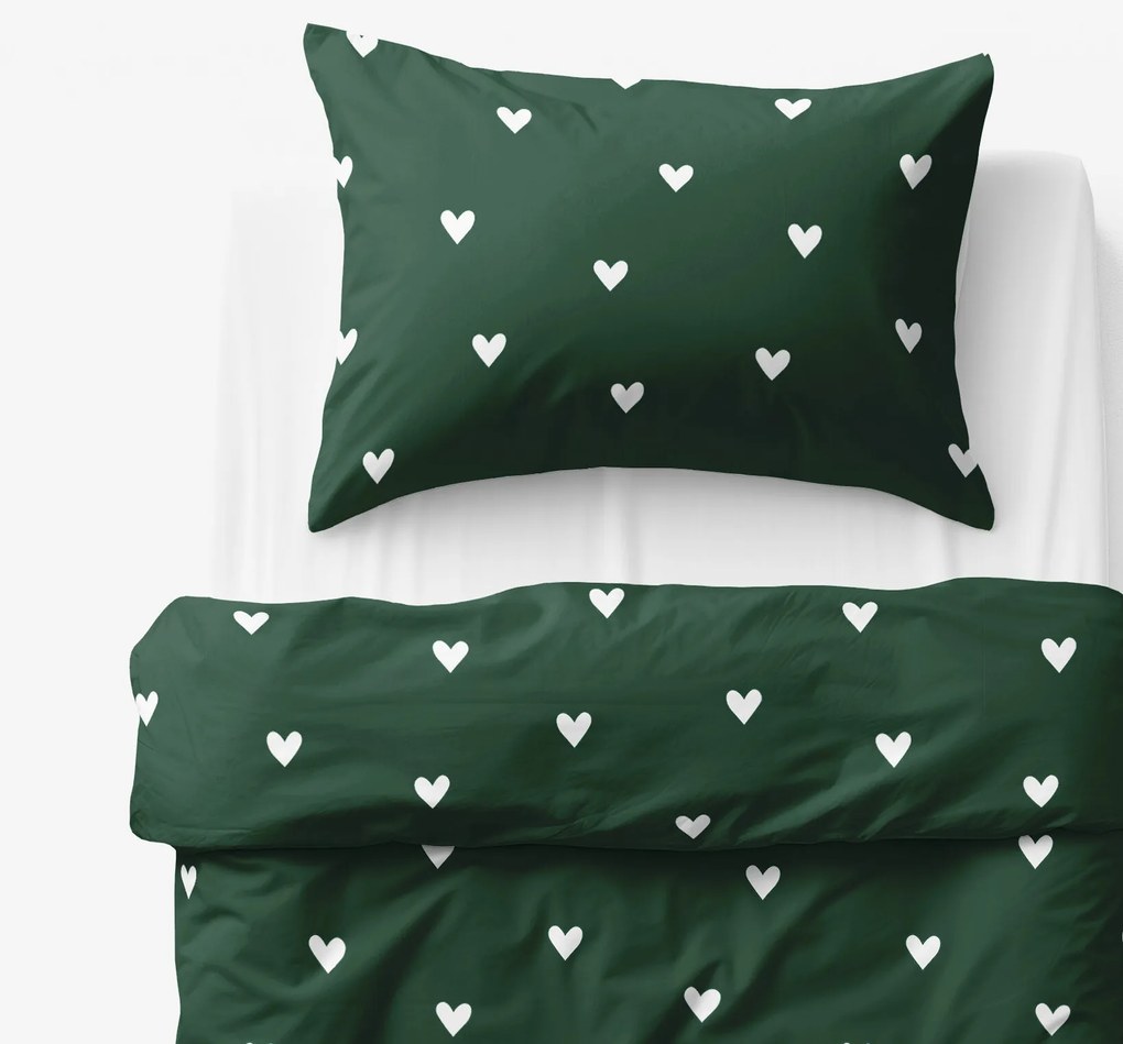 Goldea detské bavlnené obliečky - srdiečka na tmavo zelenom 150 x 200 a 50 x 60 cm