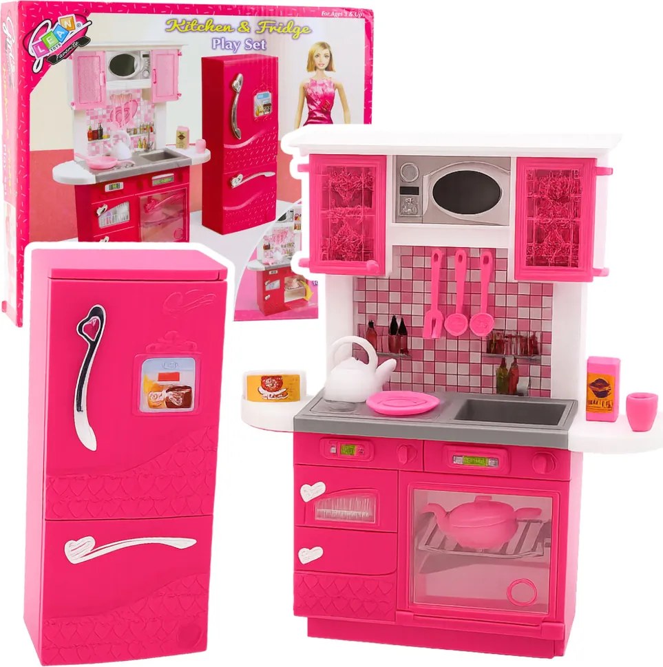 LEAN Toys Kuchynská súprava pre bábiky s chladničkou, rúrou a príslušenstvom, ružová