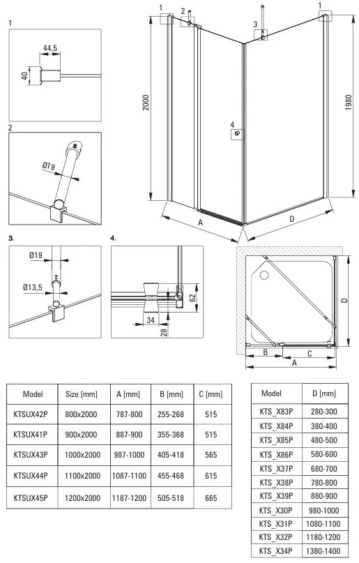 Deante Kerria Plus, 1-krídlové výklopné sprchové dvere 120x200 cm, 6mm číre sklo, čierny profil, DEA-KTSUN45P