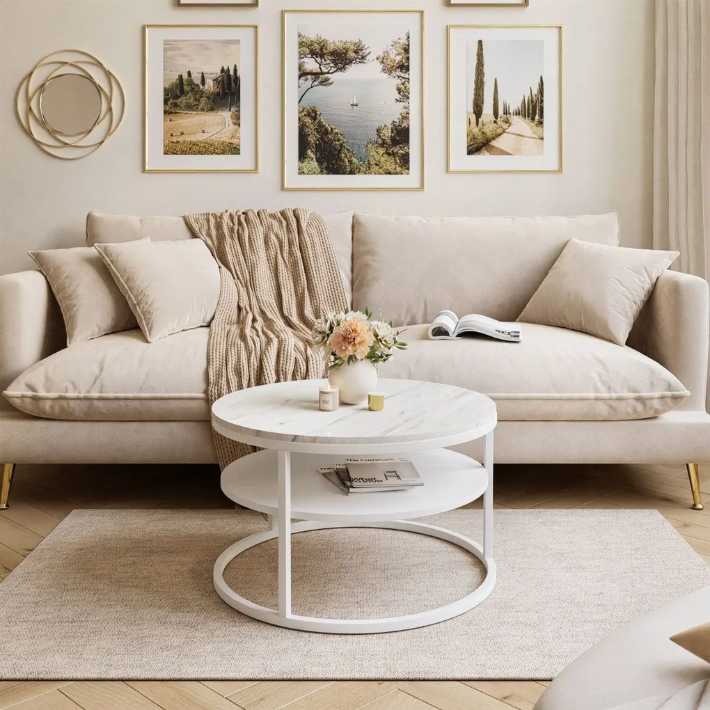 KONFERENČNÝ STOLÍK LEONARDO S POLICOU BIELY MRAMOR + BIELY