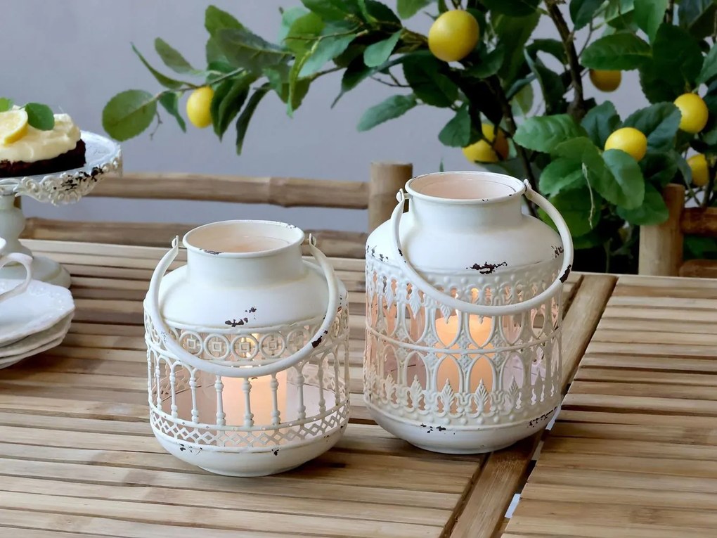 Krémová antik kovová lampáš Fleur-de-pot - Ø14*19 cm