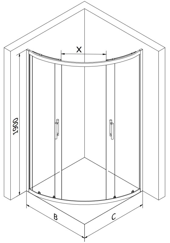Mexen Rio, štvrťkruhový sprchovací kút s posuvnými dverami 90(dvere) x 90(dvere) x 190 cm, 6mm sklo námraza, čierny profil, 863-090-090-70-30