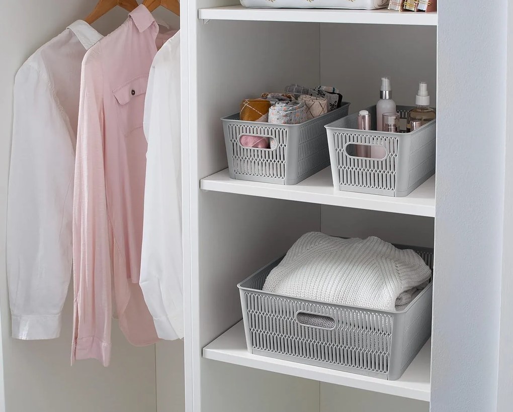 Orion M - Univerzálny košík NESTA, výsuvné klapky na stohovanie, sivý 29 x 17 x 12 cm