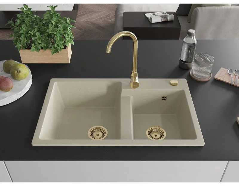 Mexen Tomas, granitový drez 800x500x190 mm, 2-komorový a zlatá batéria Telma, béžová, 6516-69-670200-50