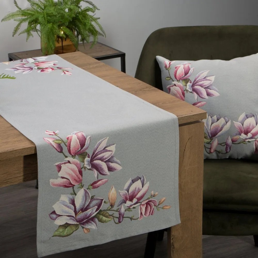 Sivý gobelínový obrus s jemným tkaným vzorom magnólie Šírka: 45 cm | Dĺžka: 140 cm