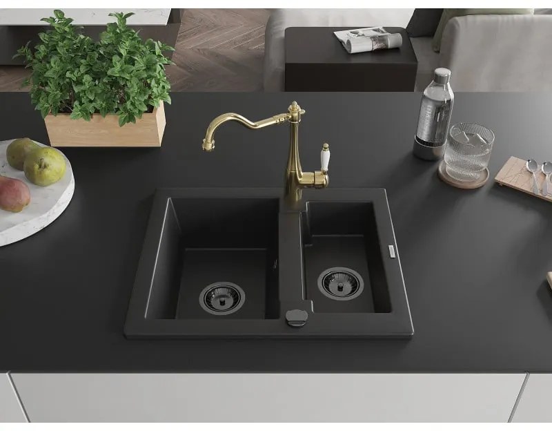 Mexen Carlos, granitový drez 582x475x177 mm, 1,5-komorový a drezová batéria Carla, čierna, 6518-77-670700-50-B