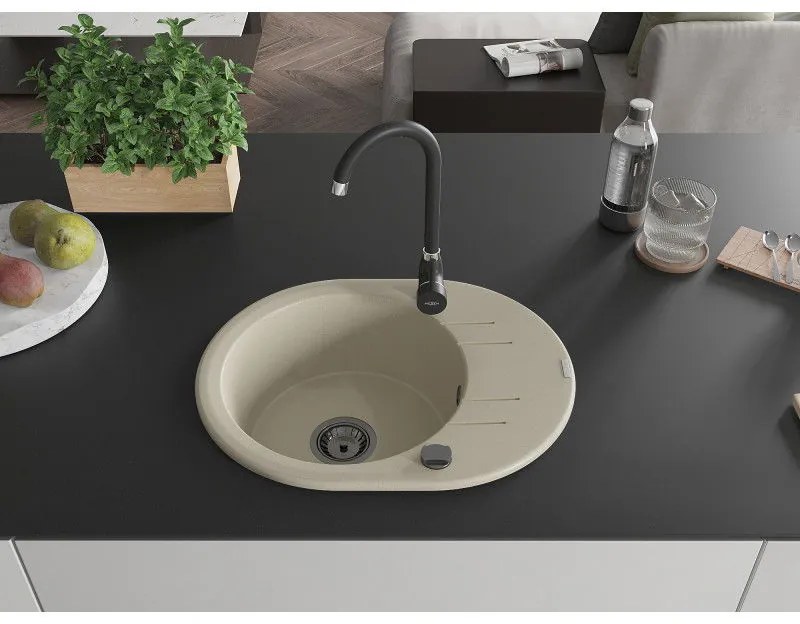 Mexen Kevin, granitový drez 586x458x190 mm, 1-komorový, béžová s čiernym sifónom, 6517581005-69-B