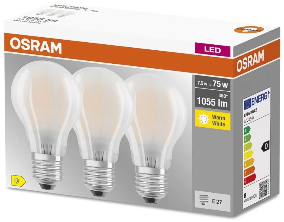 3PAK LED žiarovka E27 A60 7,5W = 75W 1055lm 2700K Warm 300° Filament OSRAM BASE