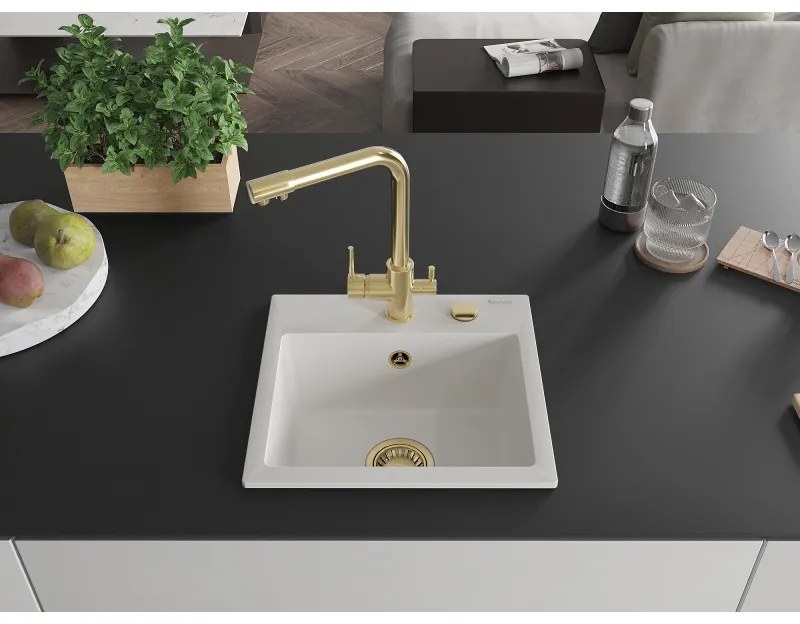Mexen Milo, granitový drez 435x410x171 mm, 1-komorový a zlatá batéria Duero, biela, 6505-20-671600-50