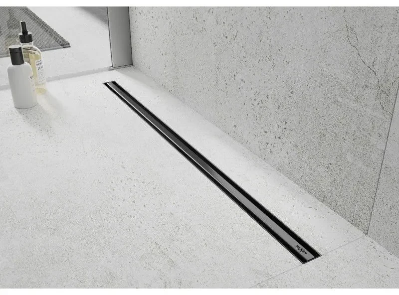 MEXEN Flat nerezový sprchový žľab s rotačným 360° sifónom 160 cm, vzor SLIM, čierna matná, 1741160