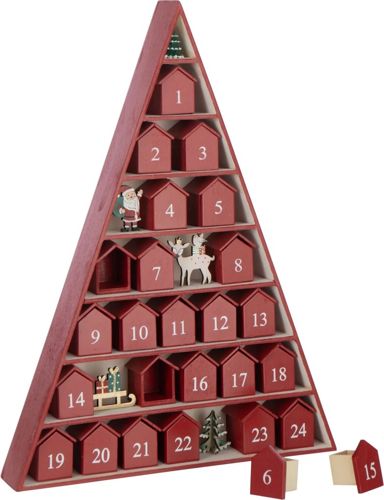 Adventní kalendář strom a domeček červený z překližky – 32*5,5*45 cm