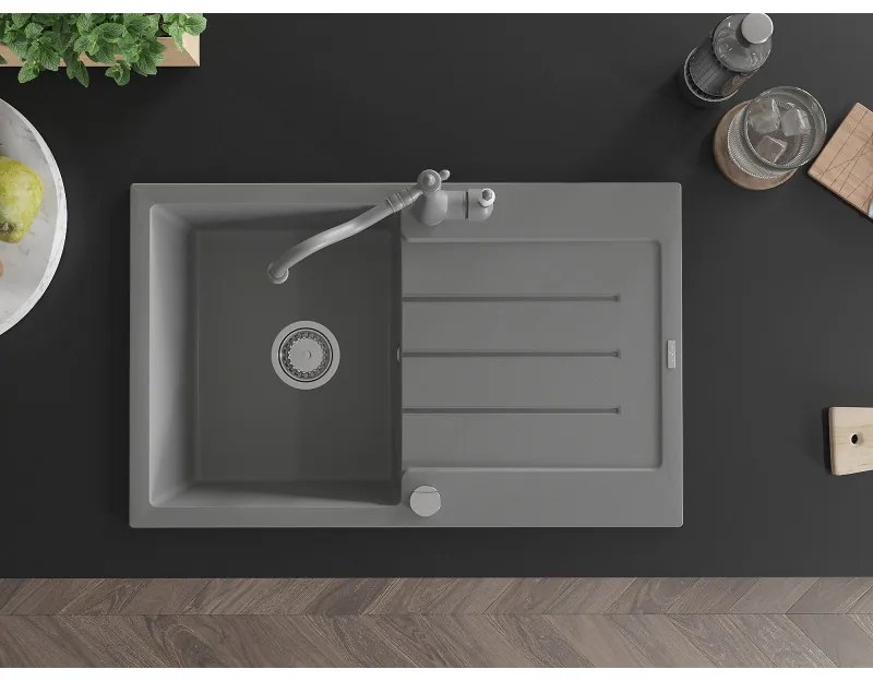 Mexen Bruno, granitový drez 795x495x200 mm, 1-komorový a drezová batéria Carla, šedá, 6513-71-670700-71