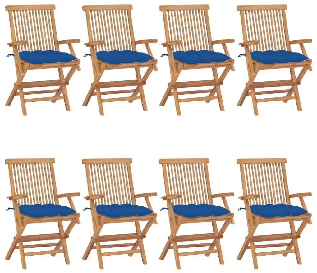 Záhradné stoličky s modrými podložkami 8 ks tíkový masív
