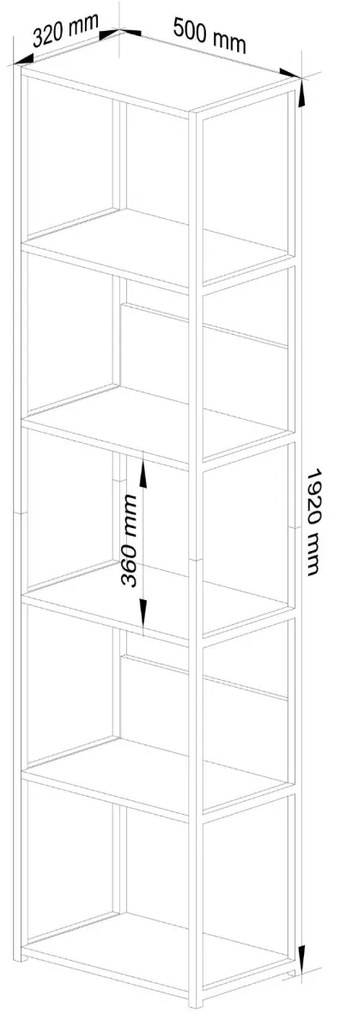 Knižnica Rita s kovovým rámom 50 cm - čierna/dub artisan - 6 políc