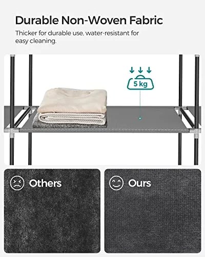 Veľká látková skriňa, 1 závesná tyč, 12 políc, 175x150x45cm, sivá