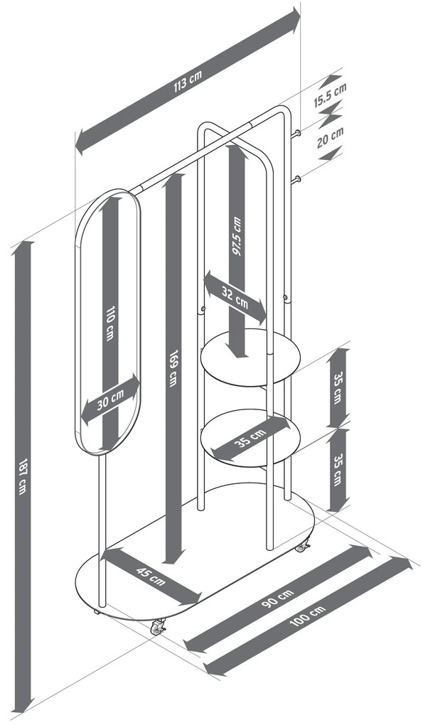 Štandardná vešiaková stena na kolieskach s veľkým zrkadlom