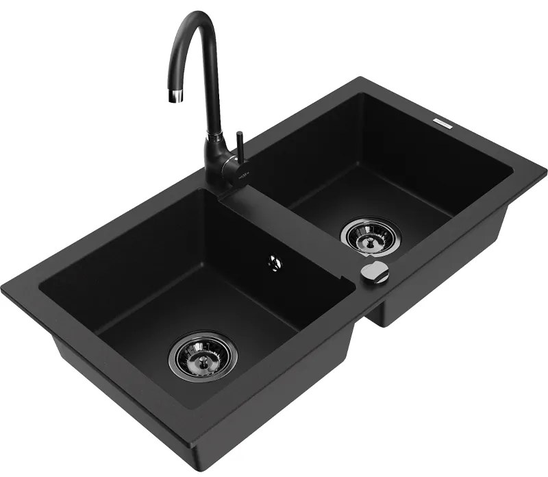 Mexen Mario, 2-komorový granitový drez 820x436x161 mm a čierna drezová batéria Telma, čierna, 6504-77-670200-70-B