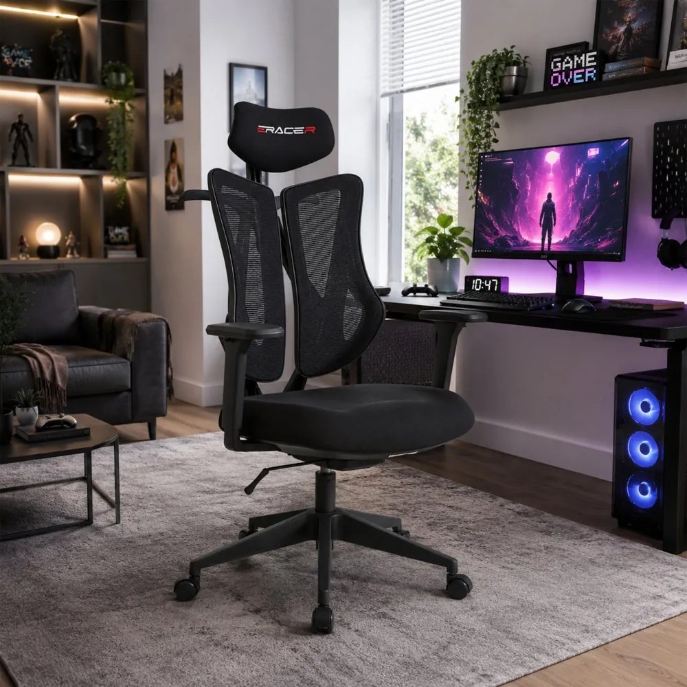 Herná ergonomická stolička ERACER H3246 — sieť / látka, čierna