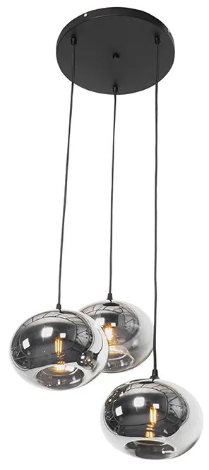 Art Deco závesné svietidlo čierne s dymovým sklom 3-svetlo okrúhle - Busa