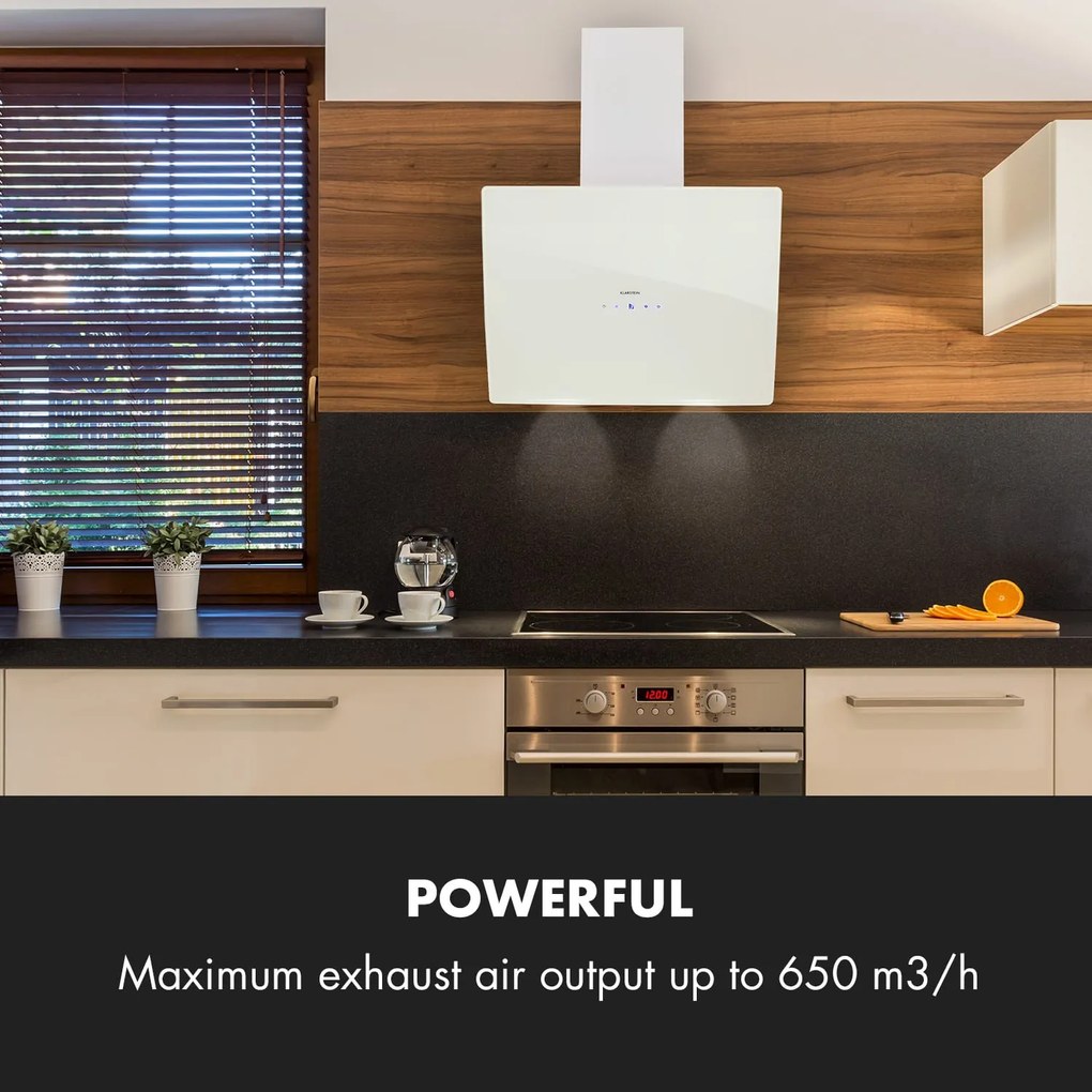 Klarstein Annabelle 60, digestor, 60 cm, nástenný, 595 m³/h, dotykový panel, sklo, biely