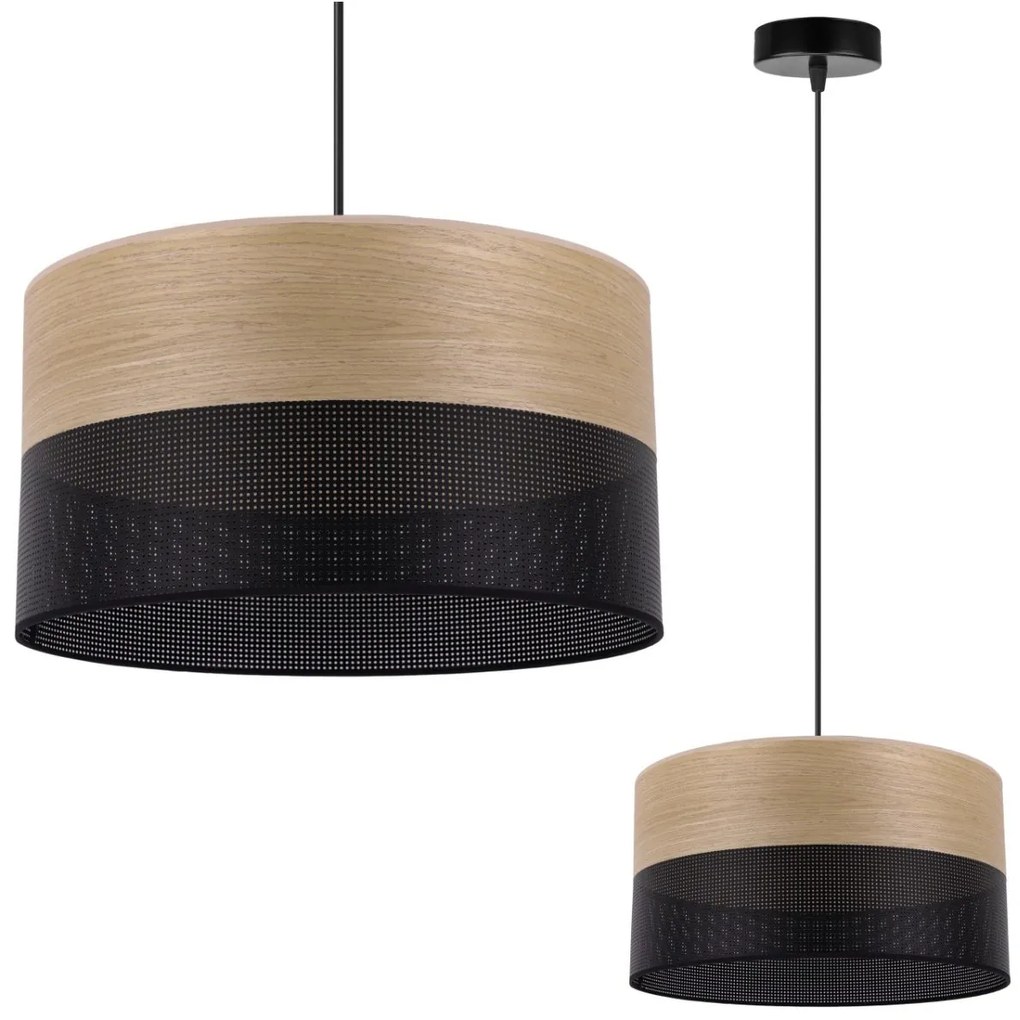 Závesné svietidlo Wood, 1x dýha zlatý dub/čierne PVC tienidlo, (fi 30cm)