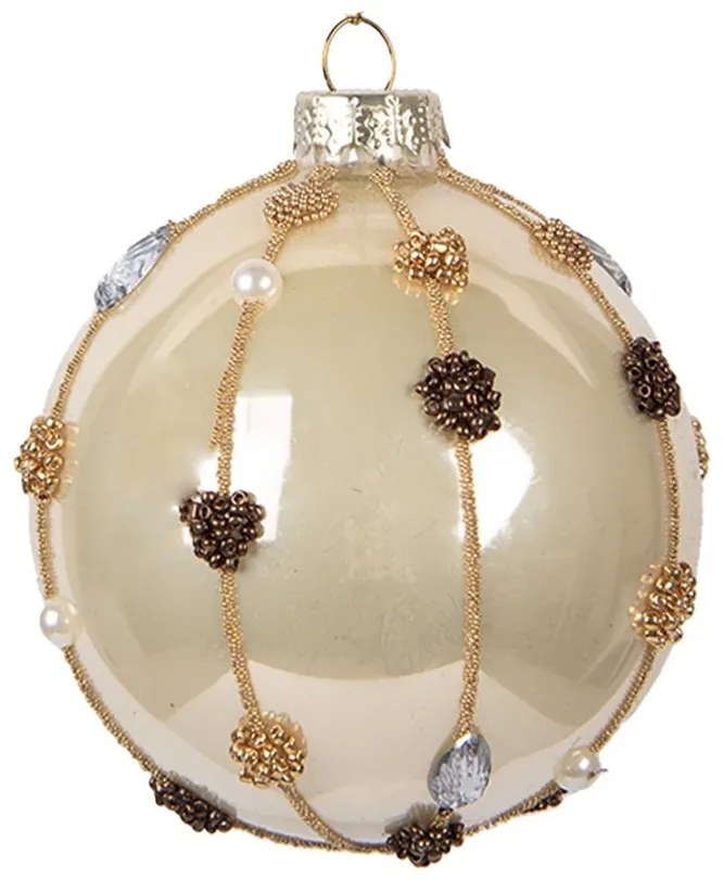 Béžová sklenená vianočná ozdoba gule s korálkami - Ø 8*8 cm