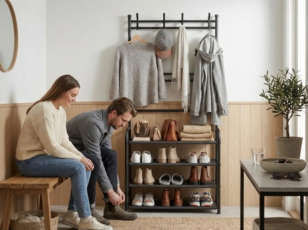 Vešiak s botníkom CLOTHORY 80x152 cm, čierny