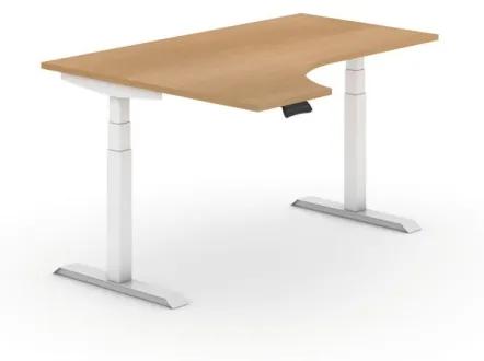 Výškovo nastaviteľný stôl, elektrický, 625-1275 mm, ergonomický ľavý, doska 1600x1200 mm, buk, biela podnož