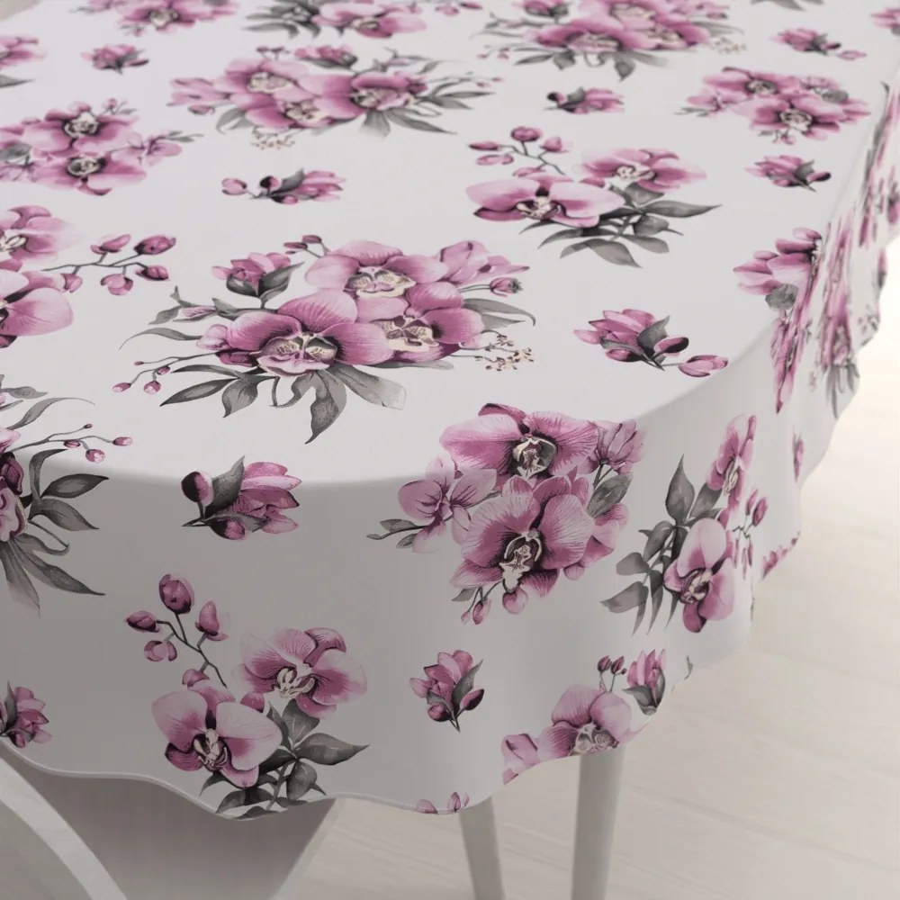 Biante Bavlnený oválny obrus Sandra SA-623 Lila orchidey na bielom 50x100 cm
