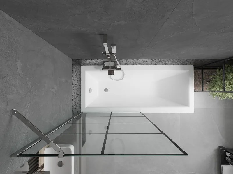 Mexen Next, vaňová zástena 1-krídlová 100 x 150 cm, fixné krídlo, 6 mm číre sklo s čiernym vzorom, chrómový profil, 895-100-000-00-77-01