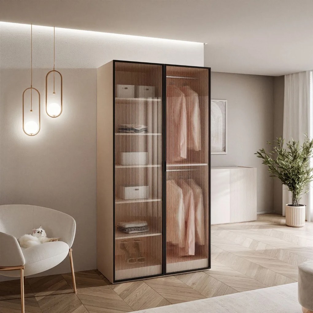 DVOJDVEROVÁ ŠATNÍKOVÁ SKRIŇA AMADEO 100 cm PIESKOVO BÉŽOVÁ + 2 x VRÚBKOVANÉ SKLO