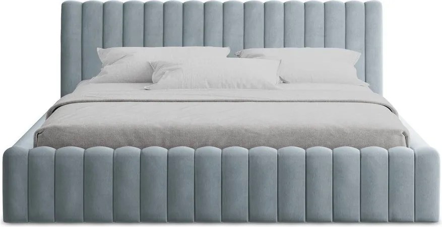 Svetlomodrá čalúnená dvojlôžková posteľ s úložným priestorom s roštom 140x200 cm Lemi – Makamii