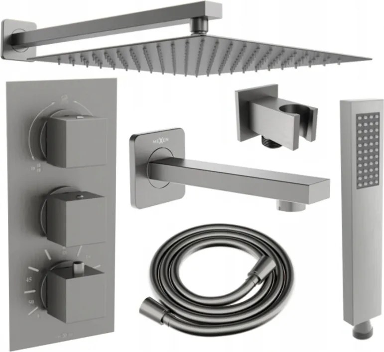 Mexen Cube DR02 podomietkový vaňový a sprchový set s hlavovou sprchou 25x25 cm (7v1), grafitová, 77503DR0225-66