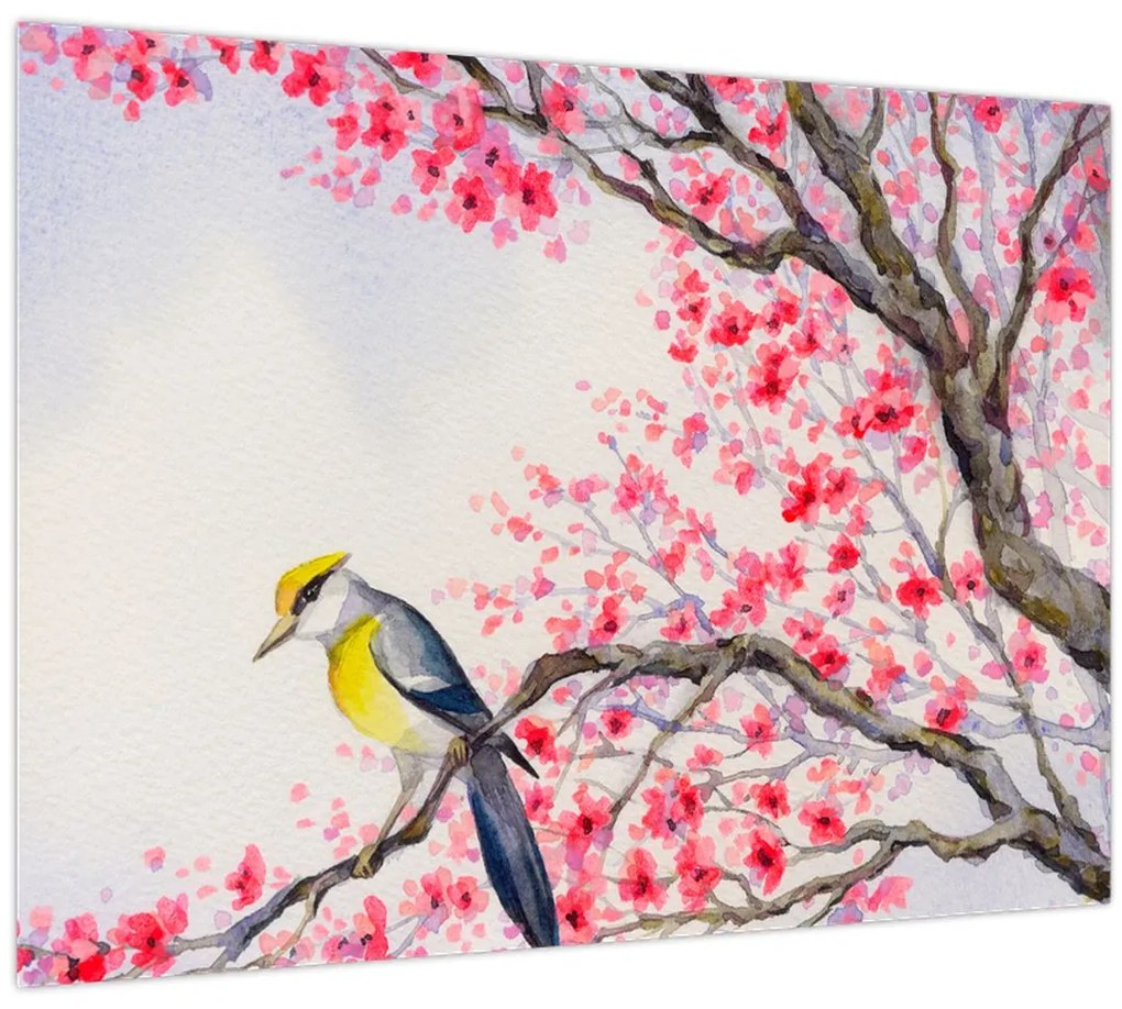Obraz - Vtáčik na strome s červenými kvetmi (70x50 cm)
