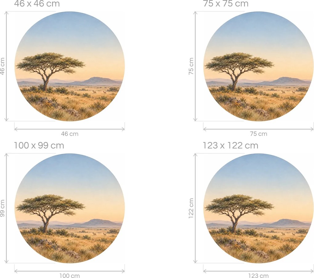 Akácie v africkej savane africká kruhová akvarelová dekorácia so savanou na stenu do obývačky arch 46 x 46 cm