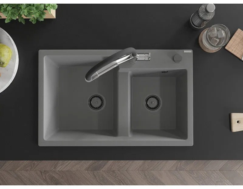 Mexen Tomas, 2-komorový granitový drez 800x500x190 mm a kuchynská batéria Duo, šedá, 6516-71-671701-07-B