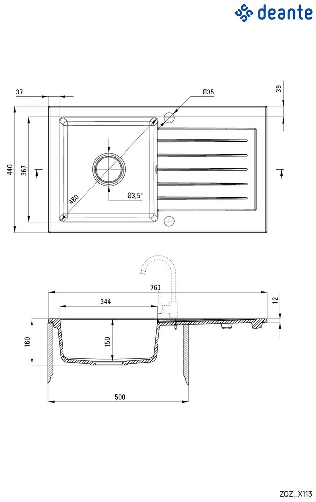 Deante Zorba, granitový drez 760x440x160 mm Z/O, 3,5" + priestorovo úsporný sifón, 1-komorový, čierna, ZQZ_N113