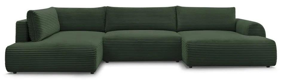 Tmavozelená menčestrová rozkladacia/s úložným priestorom rohová pohovka (ľavý roh/do tvaru "U") Lucien – Bobochic Paris