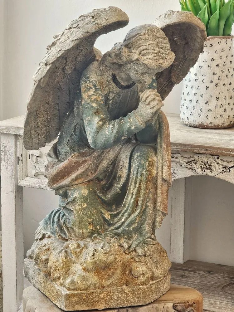 Béžovo-zelená keramická dekorácia socha anjela Angel Baroque - 41*45*65 cm