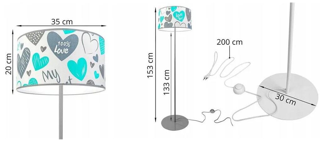 Detská stojacia lampa Heart, 1x biele textilné tienidlo so vzororm, (výber z 2 farieb konštrukcie), o, b