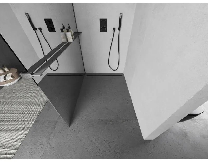 Mexen Kioto+ L, sprchová zástena Walk-In s poličkou a vešiakom 80 x 200 cm, 8mm sklo vzor zrkadlo, grafitový profil, 800-080-123-66-50