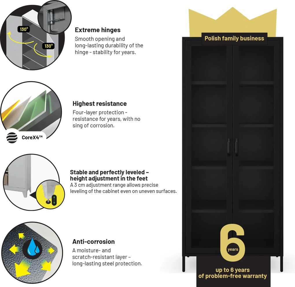 Sklenená vitrína ANGELO do obývačky – kovová, čierna, 800 x 1850 x 450 mm